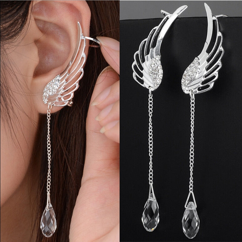 2021 New Silver Plated Angel Wing Stylist Crystal Earrings Drop Dangle Ear Stud For Women Long Cuff Earring Bohemia Jewelrys-zz22zz-teddypopup