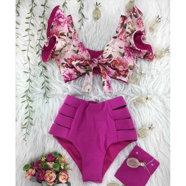 High Waist Bikini 2021 Ruffle Swimwear Women Print Sexy Swimsuit Push Up Bikinis Plus Size Bathing Suits Floral Beach Wear