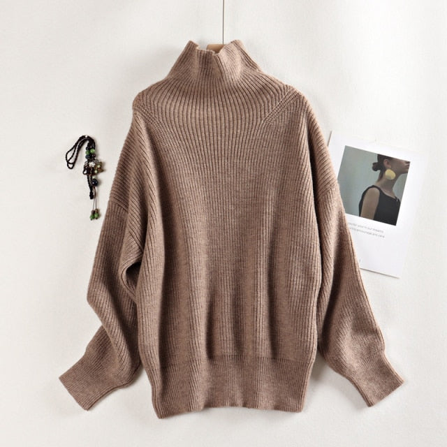 MASTGOU Wool Women's Sweater Autumn Winter Warm Turtlenecks Casual Loose Oversized Lady Sweaters Knitted Pullover Top Pull Femme