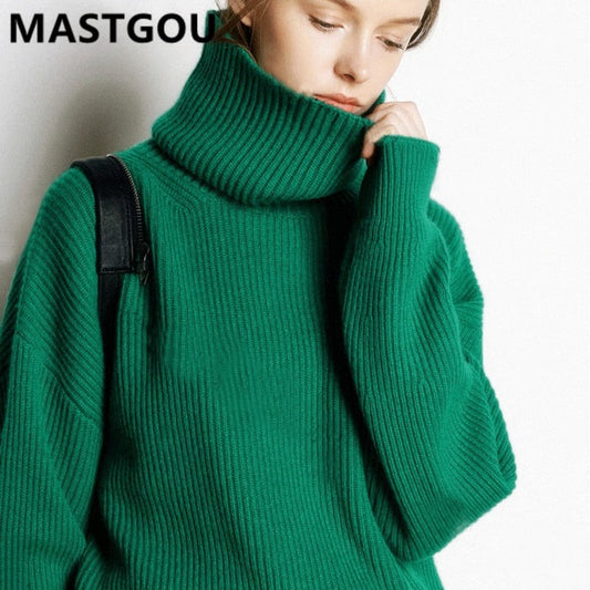 MASTGOU Wool Women's Sweater Autumn Winter Warm Turtlenecks Casual Loose Oversized Lady Sweaters Knitted Pullover Top Pull Femme