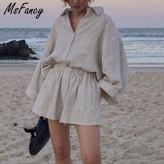 Msfancy Summer Two Piece Set Women 2021 Cotton Shorts Sets Vintage Boho Oversized Shirt High Waist Loose Shorts Mujer Sets