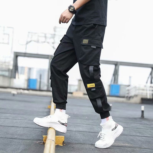 Men's Side Pockets Cargo Harem Pants 2021 Ribbons Black Hip Hop Casual Male Joggers Trousers Fashion Casual Streetwear Pants-zz22zz-teddypopup