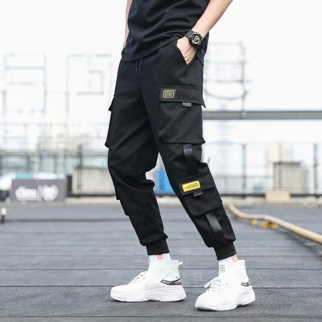 Men's Side Pockets Cargo Harem Pants 2021 Ribbons Black Hip Hop Casual Male Joggers Trousers Fashion Casual Streetwear Pants-zz22zz-teddypopup