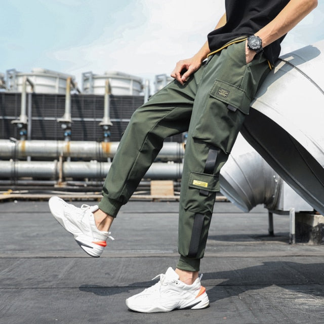 Men's Side Pockets Cargo Harem Pants 2021 Ribbons Black Hip Hop Casual Male Joggers Trousers Fashion Casual Streetwear Pants-zz22zz-teddypopup