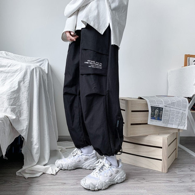 Men's Side Pockets Cargo Harem Pants 2021 Ribbons Black Hip Hop Casual Male Joggers Trousers Fashion Casual Streetwear Pants-zz22zz-teddypopup