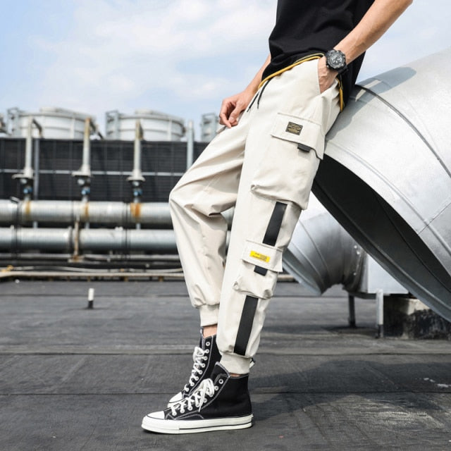 Men's Side Pockets Cargo Harem Pants 2021 Ribbons Black Hip Hop Casual Male Joggers Trousers Fashion Casual Streetwear Pants-zz22zz-teddypopup