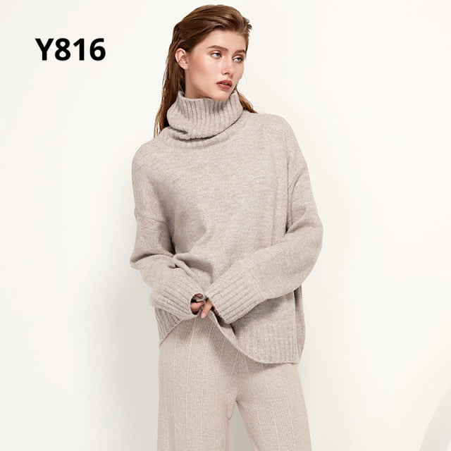 Aachoae Autumn Winter Women Knitted Turtleneck Wool Sweaters 2021 Casual Basic Pullover Jumper Batwing Long Sleeve Loose Tops