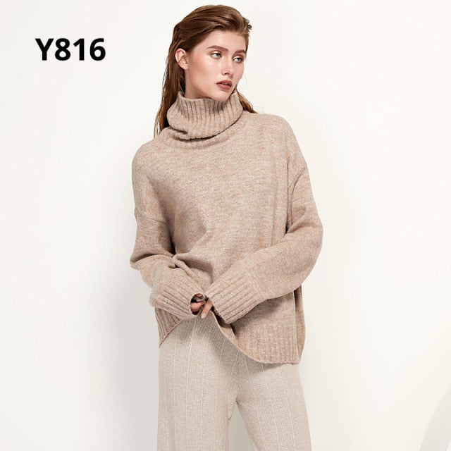 Aachoae Autumn Winter Women Knitted Turtleneck Wool Sweaters 2021 Casual Basic Pullover Jumper Batwing Long Sleeve Loose Tops