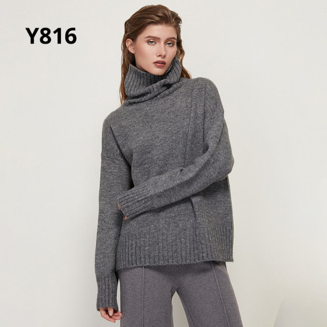 Aachoae Autumn Winter Women Knitted Turtleneck Wool Sweaters 2021 Casual Basic Pullover Jumper Batwing Long Sleeve Loose Tops