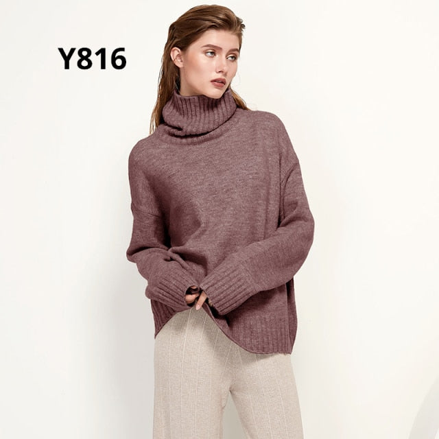 Aachoae Autumn Winter Women Knitted Turtleneck Wool Sweaters 2021 Casual Basic Pullover Jumper Batwing Long Sleeve Loose Tops