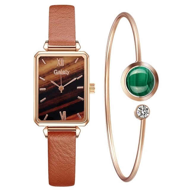 Gaiety Brand Women Watches Fashion Square Ladies Quartz Watch Bracelet Set Green Dial Simple Rose Gold Mesh Luxury Women Watches