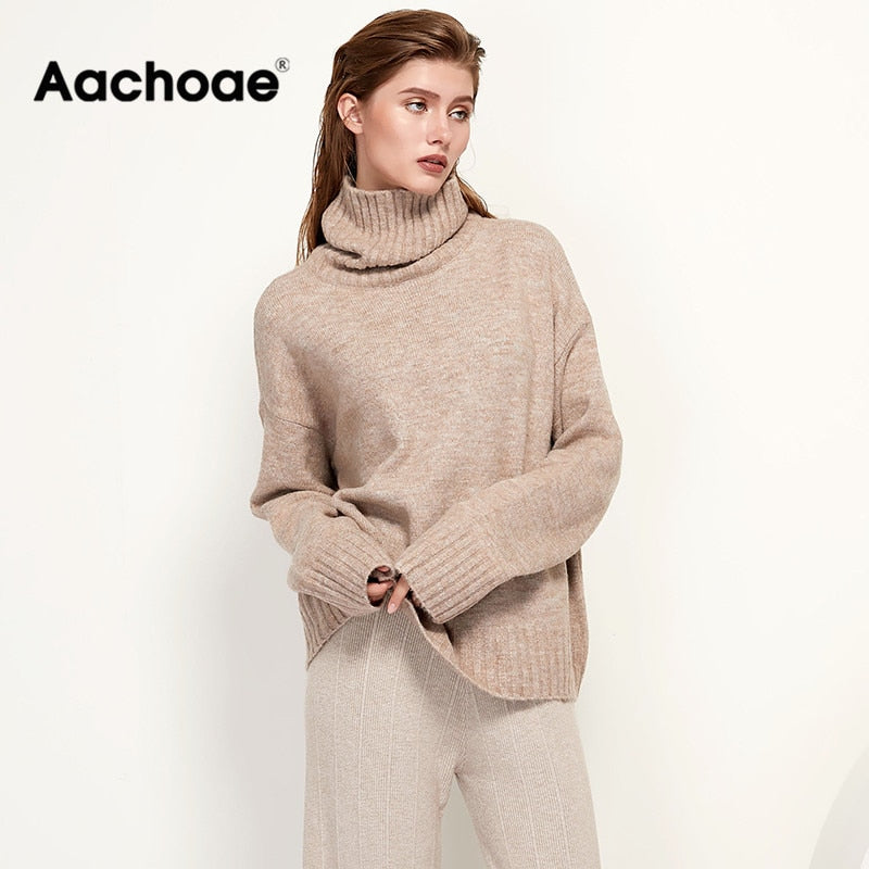 Aachoae Autumn Winter Women Knitted Turtleneck Wool Sweaters 2021 Casual Basic Pullover Jumper Batwing Long Sleeve Loose Tops