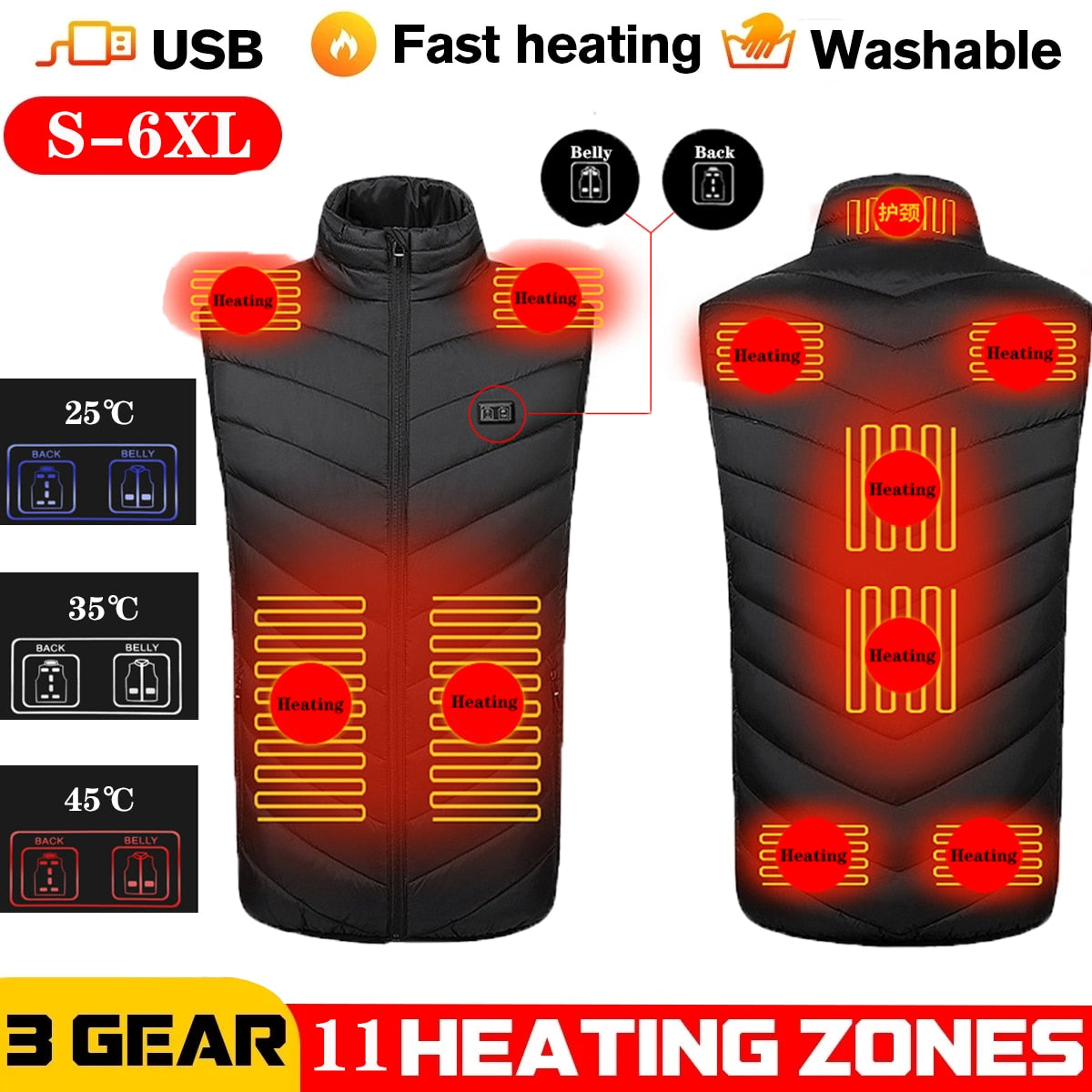 9/11 Places Heated Vest Men Women Usb Heated Jacket Heating Vest Thermal Clothing Hunting Vest Winter Heating Jacket BlackS-6XL