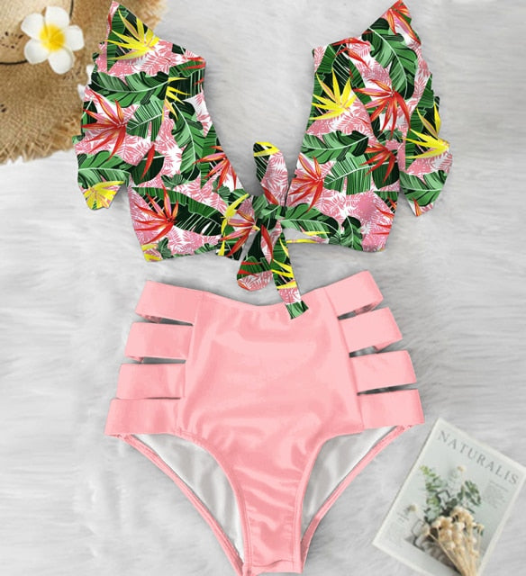 High Waist Bikini 2021 Ruffle Swimwear Women Print Sexy Swimsuit Push Up Bikinis Plus Size Bathing Suits Floral Beach Wear