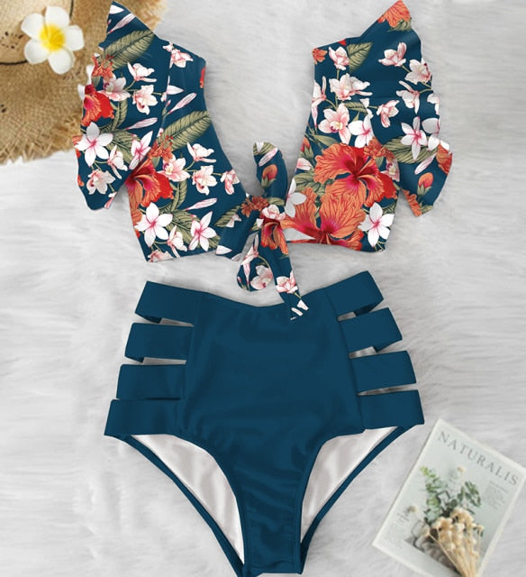 High Waist Bikini 2021 Ruffle Swimwear Women Print Sexy Swimsuit Push Up Bikinis Plus Size Bathing Suits Floral Beach Wear