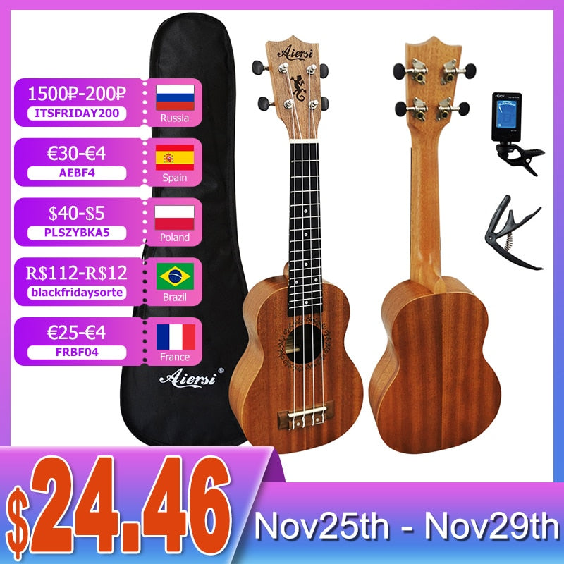 Aiersi full pack 21 inch ukelele mahogany Soprano gecko ukulele guitar musical gifts instrument 4 string Hawaiian mini guitarra